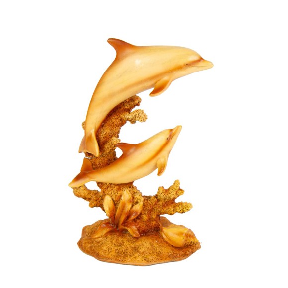 Carved Wood-effect Coral and Dolphins, natural, 17cm