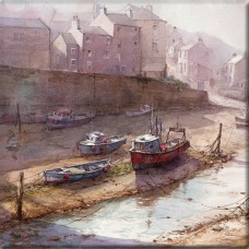 David Bell Red Boat at Staithes Trivet Pot Rest, 16x16cm