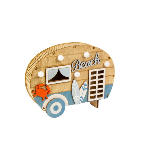 Wooden Caravan with Lights, "Beach", 20cm