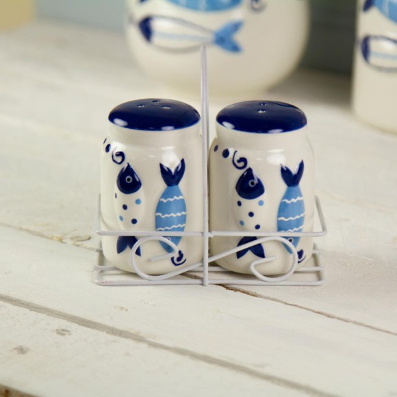 Fish Tales Raised Design Salt & Pepper Pots in Basket